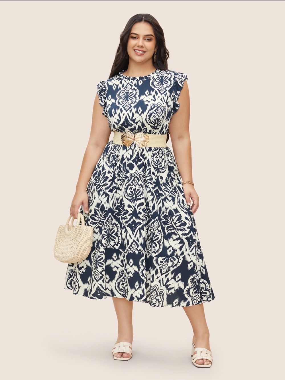 BloomChic Navy and White Printed Ruffle-Sleeve Midi Dress